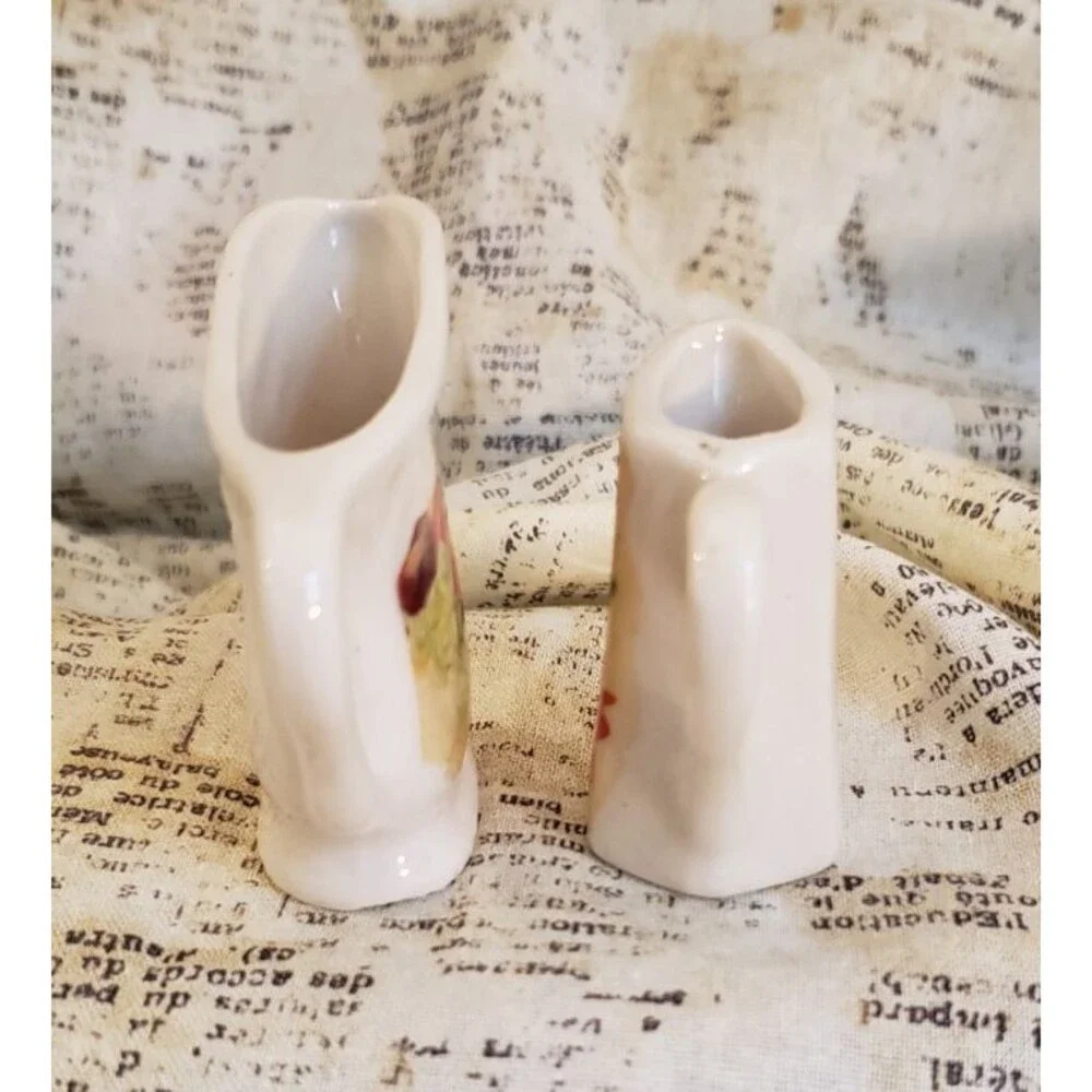 Artsy, Colorful - 2 White Vintage Miniature Pitchers w/ Fruit and Floral Details